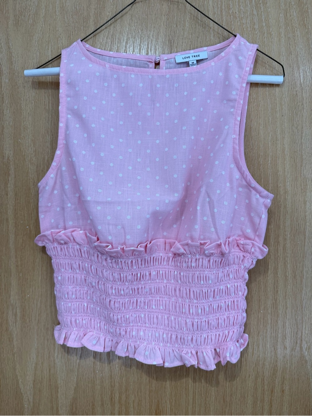 Love Tree Light Pink Polka Dot Smocked Ruffle Crop Top